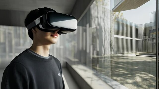 Person wearing VR headset looking through large windows at modern architecture