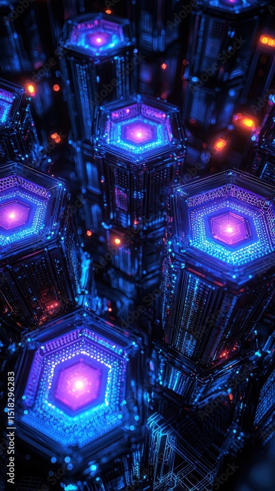 Poster intricate neon lit hexagonal structures form a futuristic cityscape, offering a modern abstract desi