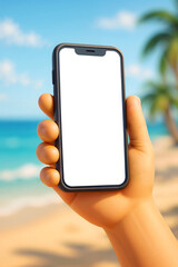Mano sosteniendo un smartphone con pantalla en blanco en una playa tropical, ideal para contenido digital y plantillas.