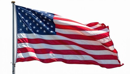 Obraz premium American flag waves proudly against white background. Symbol of US national pride, freedom, patriotism. Red, white, blue stars, stripes. Iconic image for politics, elections, military, history,