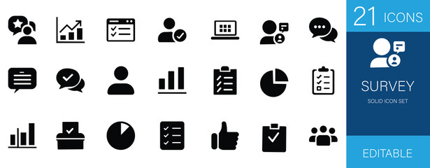 Survey icon set featuring poll, vote, feedback, checklist, rating, analysis, evaluation, research, report, data, chart, graph, and quiz icons. Perfect for business, marketing, and statistics projects