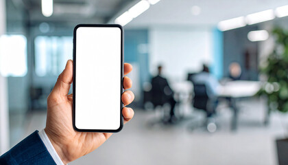 Hand Holding Smartphone with Blank Screen in Modern Office Environment Ideal for Business Presentation or Digital Communication