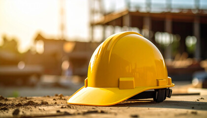 Bright Yellow Hard Hat Resting on Construction Site Surface with Blurred Background of Building Framework
