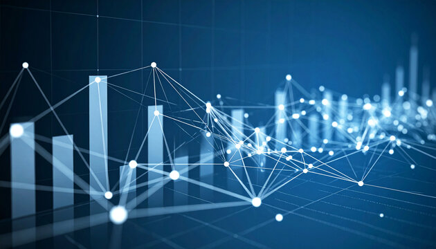 Abstract Data Visualization with Bar Graphs and Connecting Lines Representing Modern Analytics and Technology Trends