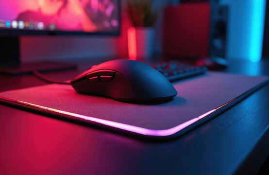 Gaming mouse pad with RGB lighting near computer. Dark gaming room interior with illuminated mouse and computer peripheral devices. Electronic gaming equipment setup on table.