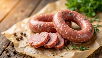 Fresh sausages sliced on kraft paper with herbs and spices  