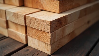 Stack of wooden boards, lumber, industrial wood, timber, close-up. Pine wood timber with visible grain texture, construction material for carpentry. Stacked timber, product for carpentry. Flooring