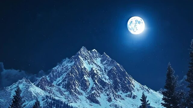 Majestic snow-capped mountain peak under a full moonlit sky