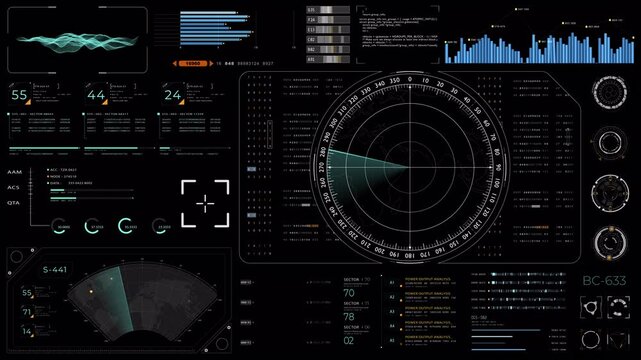 Motion graphic of Blue color sonar radar screen searching an object with futuristic HUD UI technology interface screen and chat panel abstract background alpha channel included video concept  - Powered by Adobe