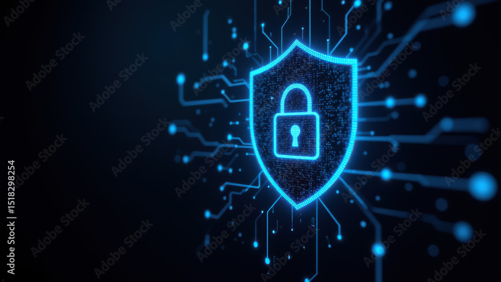 Poster security icon with lock and digital circuitry elements.