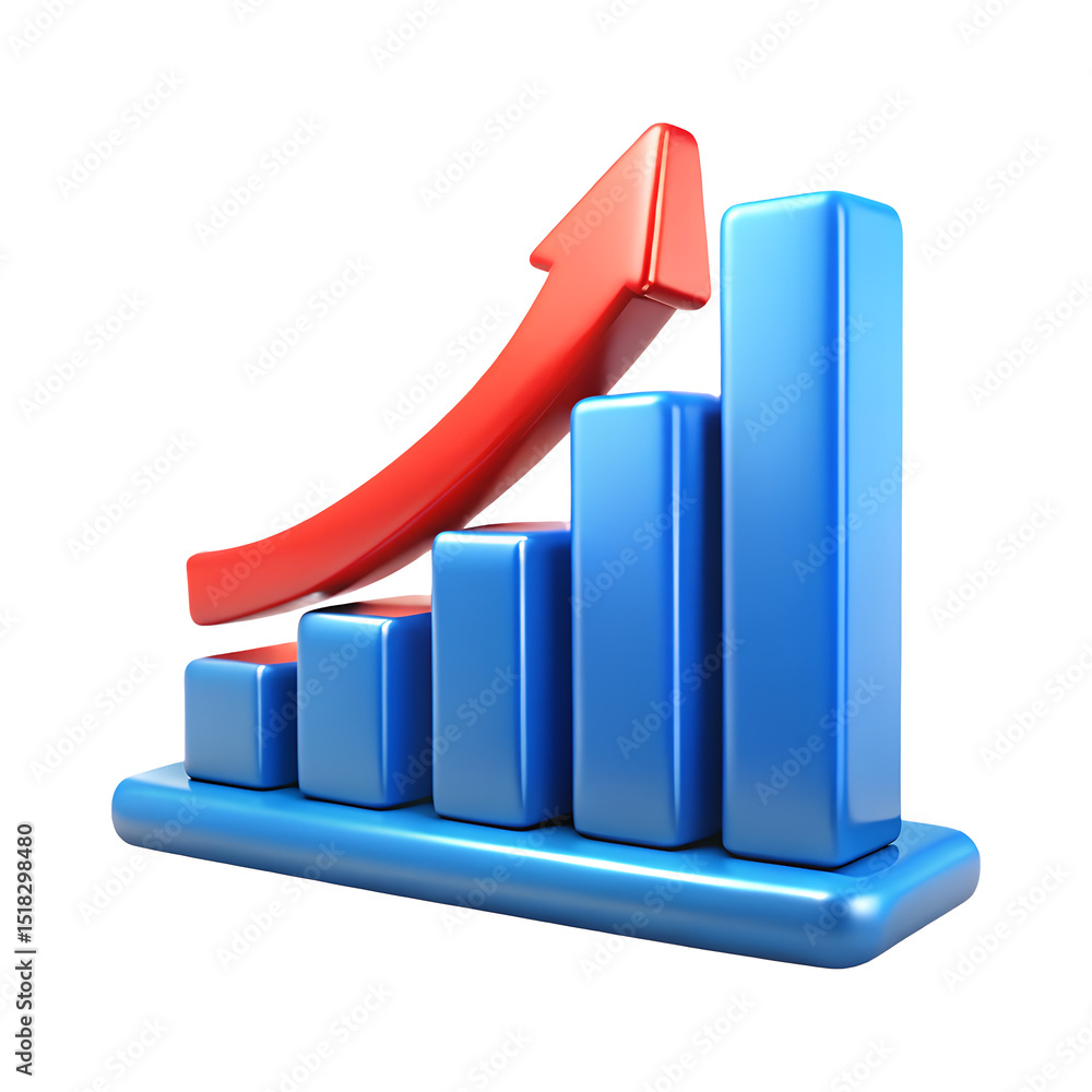 Poster 3d render of a blue bar graph with a red upward arrow showing growth and success