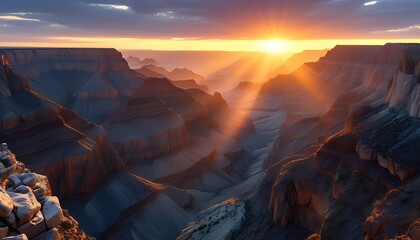 A deep canyon with layered rock formations catching the first light of day the sunrise paints the cliff walls with warm glowing highlights and deep contrasting shadows