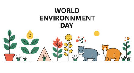 World Environment Day illustration with plants animals and simple shapes