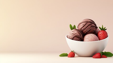 Chocolate Ice Cream with Strawberries in Bowl - Delicious chocolate ice cream scoops topped with chocolate drizzle, served in a white bowl with fresh strawberries and mint leaves