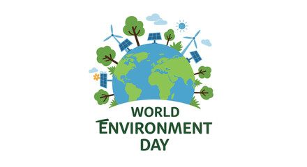 World Environment Day Illustration with Earth Trees Solar Panels and Wind Turbines