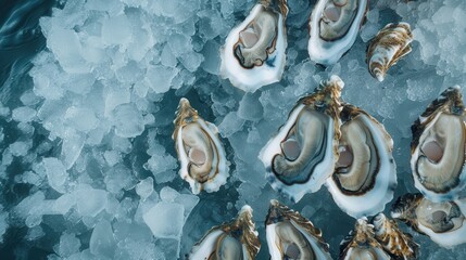 Fresh oysters on ice, ready to be shucked and enjoyed, a delicious seafood delicacy