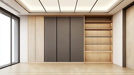 Fototapeta premium Modern empty room with light wooden built-in cabinetry and shelving.