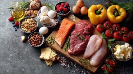 The colorful assortment of fresh ingredients on a rustic kitchen countertop.