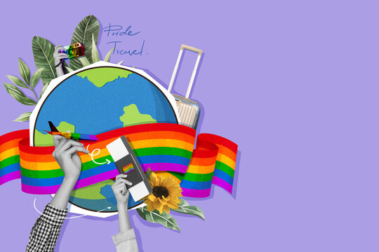 Pride month travel concept with rainbow ribbon around the globe, diverse hands,  LGBTQ support symbols and copy space in purple background