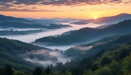 Rolling hills partially covered in thick morning fog with the sun rising behind them and casting warm light that blends into the misty atmosphere