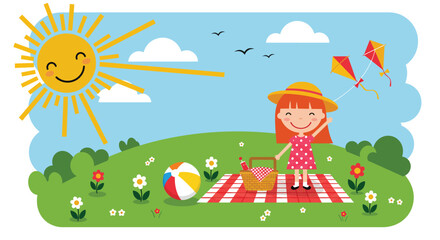 Happy Girl Flying Kite on a Picnic Blanket in Summer