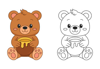 Bear coloring page for children.  A cute teddy bear outlined for coloring, great for children’s printable activities, early education materials, and coloring books. Clean vector lines in cartoon style