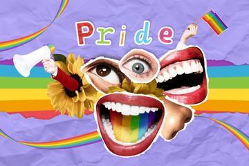 Colorful pride month collage in purple background with rainbow elements, expressive faces and LGBTQ support symbols