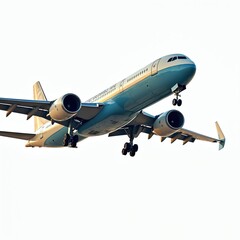 Commercial airplane takes off daytime. Modern airliner in flight, travel, aviation. Passenger jet departing, air travel concept. Plane rises into sky. Transportation, business, tourism.