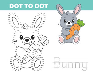 Dot to dot bunny activity page for kids. Connect the dots to reveal a cute bunny illustration. Fun educational worksheet for preschoolers and early learners.