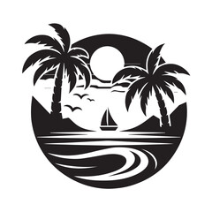 Obraz premium vector illustration of a tropical beach logo black and white