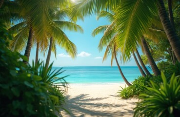 Fototapeta premium Scenic sandy beach turquoise ocean view through rich green palm leaves. Tropical vibes, vacation getaway, summer paradise, blue sky, sunny day. Tranquil nature scene, relaxation concept.