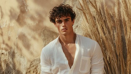 Handsome Man in Beige Outfit with Natural Background
