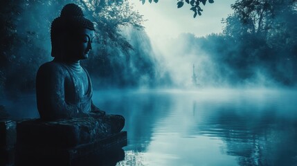 Obraz premium Golden Buddha statue in morning fog surrounded by peaceful nature and spiritual atmosphere