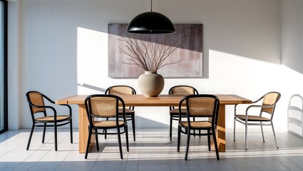 Stylish dining room interior featuring a wooden table and rattan chairs
