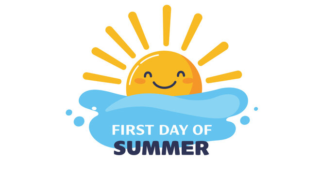 Cute Cartoon Sun Rising From Water for First Day of Summer