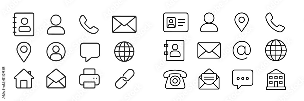 Poster collection of minimalistic icons representing communication, contact information, and navigation in 