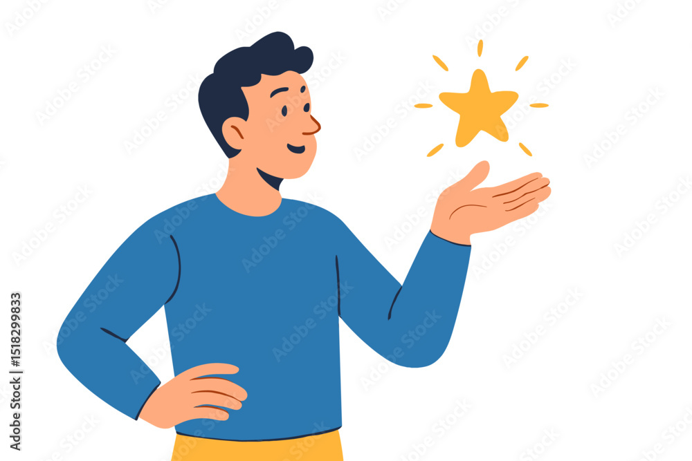 Poster happy man showcasing a star symbol with a joyful expression in a colorful and vibrant setting