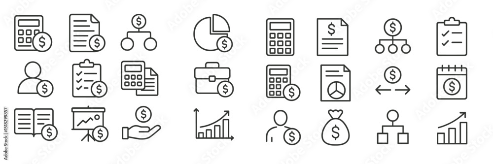 Poster financial icons representing various aspects of accounting and budgeting in a minimalist style