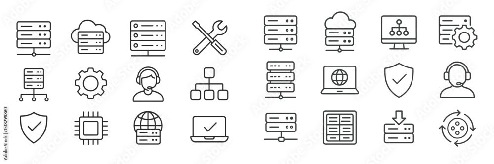 Poster icons representing cloud computing, server management, and data security in a digital landscape