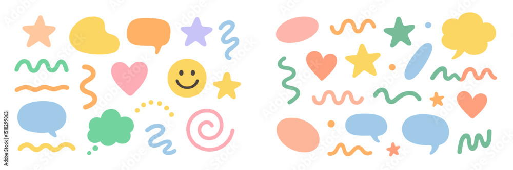Poster Colorful abstract shapes and icons in pastel tones create a playful and cheerful composition suitable for various design projects
