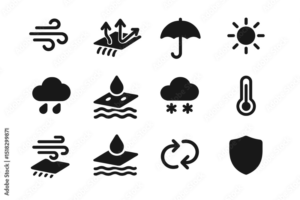 Poster Weather symbol icons representing various meteorological conditions and activities for forecasts and planning
