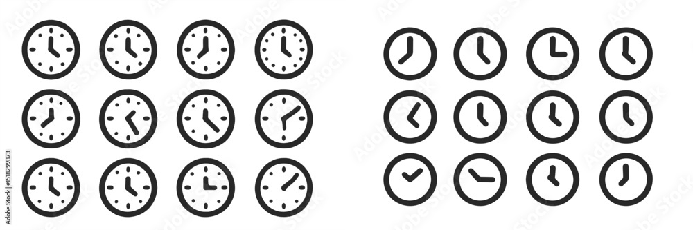 Fototapete Clocks displayed in a grid format showcasing various times and designs in a modern presentation