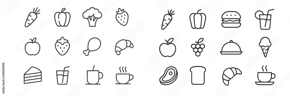 Poster collection of food and drink icons arranged neatly in a grid showcasing various items for culinary d