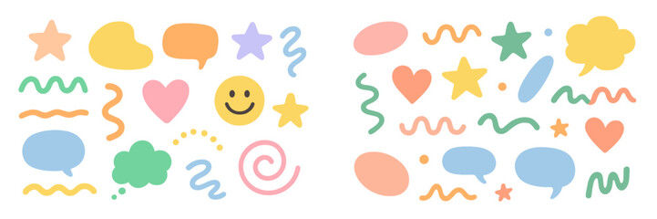 Colorful abstract shapes and icons in pastel tones create a playful and cheerful composition suitable for various design projects