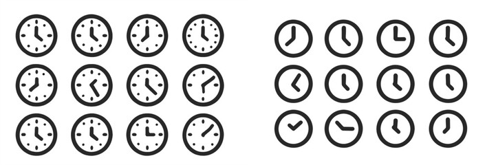 Fototapeta premium Clocks displayed in a grid format showcasing various times and designs in a modern presentation