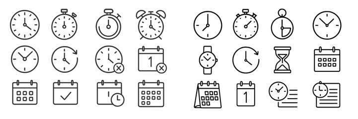 Various clock and calendar icons in minimalist design showcasing time management concepts