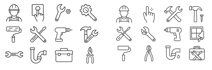 Collection of construction and repair tools icons showcasing various tools and equipment for maintenance and building activities