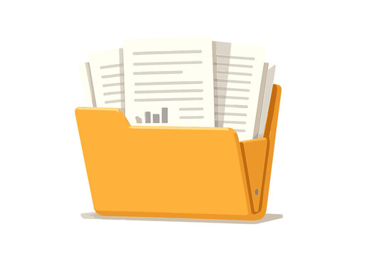 Organized documents in an orange folder on a white background representing data management and efficiency