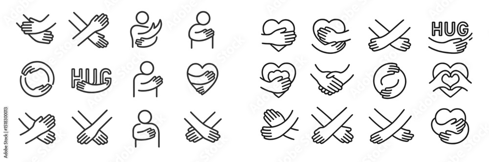 Poster various illustrations of hugs and embrace symbols depicting love and connection in minimalistic styl
