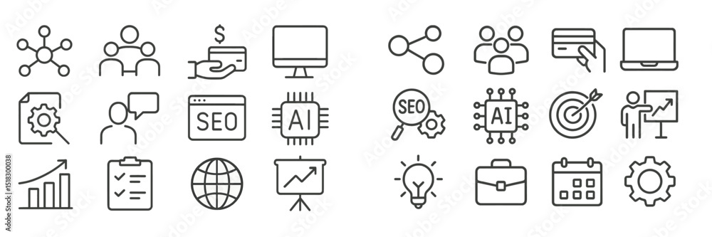Poster collection of various digital marketing and technology icons on a clean white background illustratin
